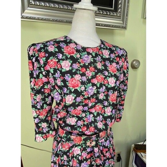 Vintage Karin Stevens Sz 10 Floral Modest Belted Midi Dress Cottagecore Prairie - Picture 2 of 13